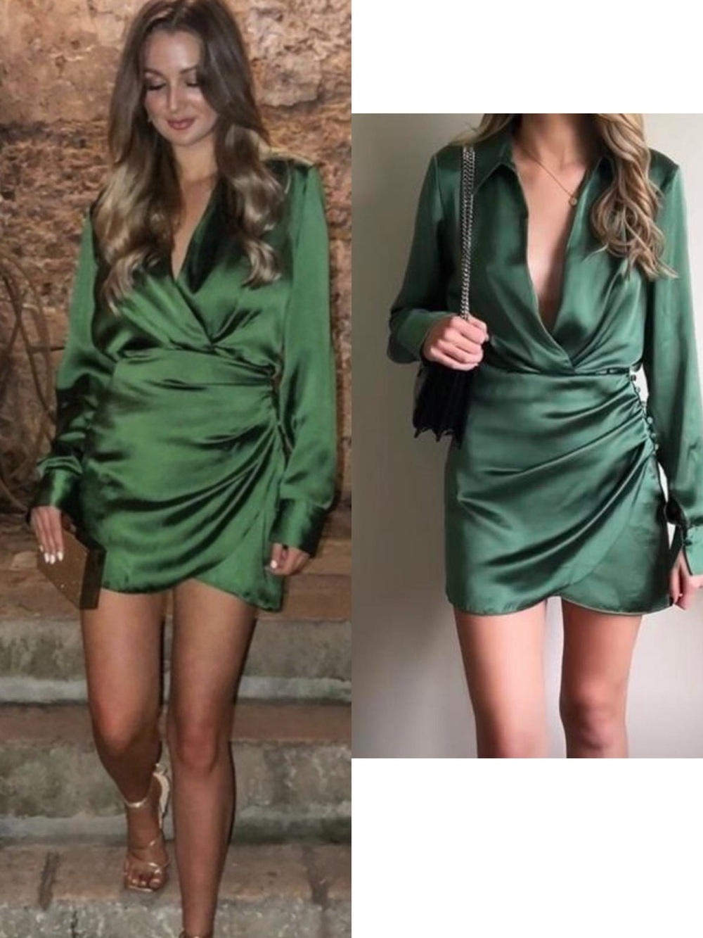 Zara Green Satin Wrap Mini Dress Long Sleeve V-Neck Sz M